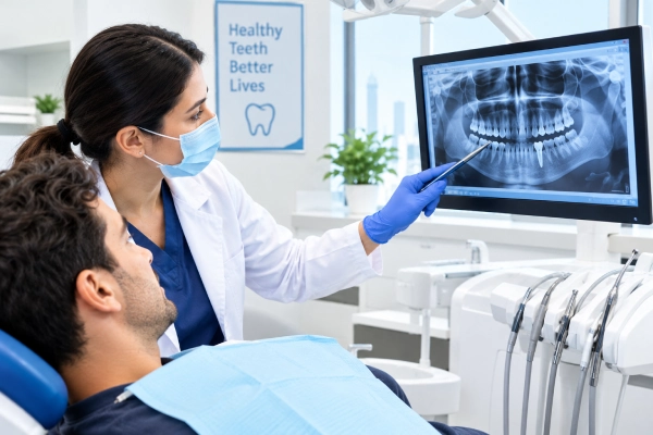 Dentist reviewing a dental X-ray during an emergency examination