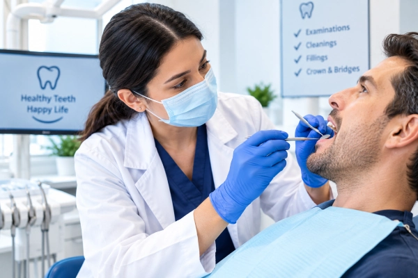 Dentist examining a patient with tooth pain